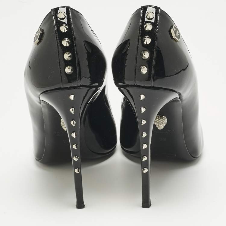 Pre Owned Philipp Plein Black Patent Leather Studded Pointed Toe Pumps Size 39