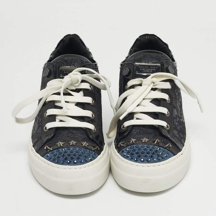 Pre Owned Philipp Plein Navy Blue/Black Leather and Lace Stud Embellished  Lace Up Sneakers Size 37.5