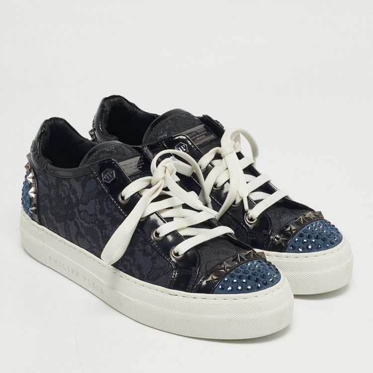 Pre Owned Philipp Plein Navy Blue/Black Leather and Lace Stud Embellished  Lace Up Sneakers Size 37.5