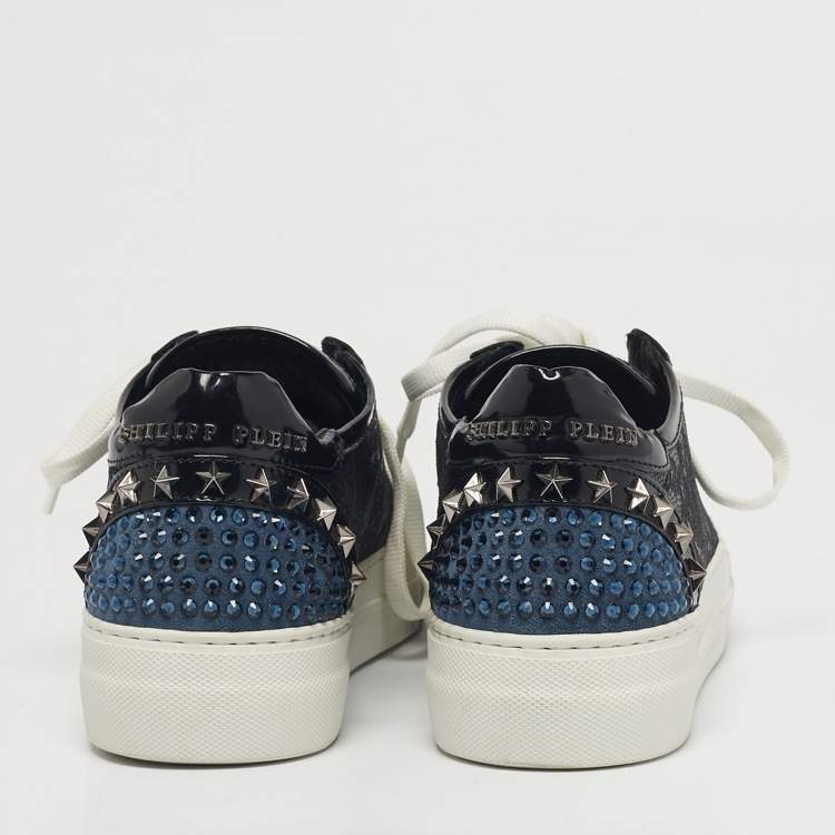 Pre Owned Philipp Plein Navy Blue/Black Leather and Lace Stud Embellished  Lace Up Sneakers Size 37.5