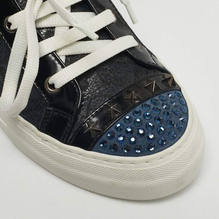 Pre Owned Philipp Plein Navy Blue/Black Leather and Lace Stud Embellished  Lace Up Sneakers Size 37.5