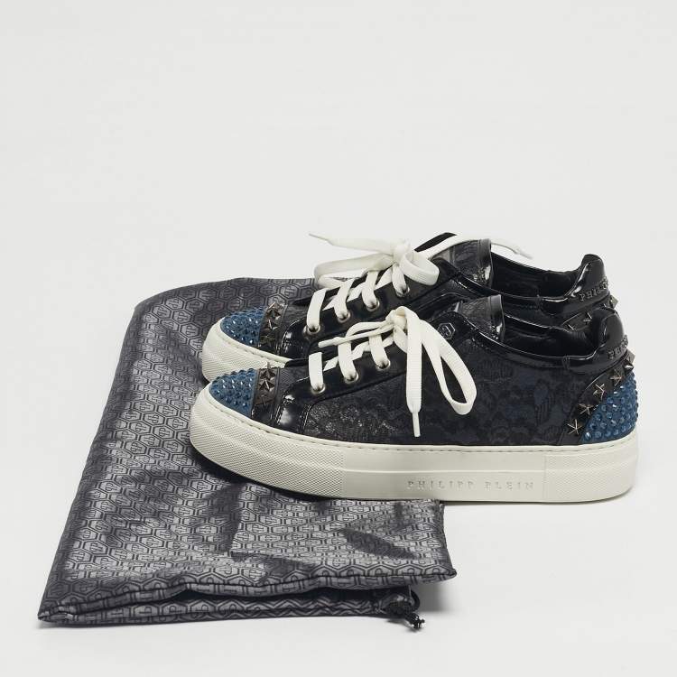 Pre Owned Philipp Plein Navy Blue/Black Leather and Lace Stud Embellished  Lace Up Sneakers Size 37.5