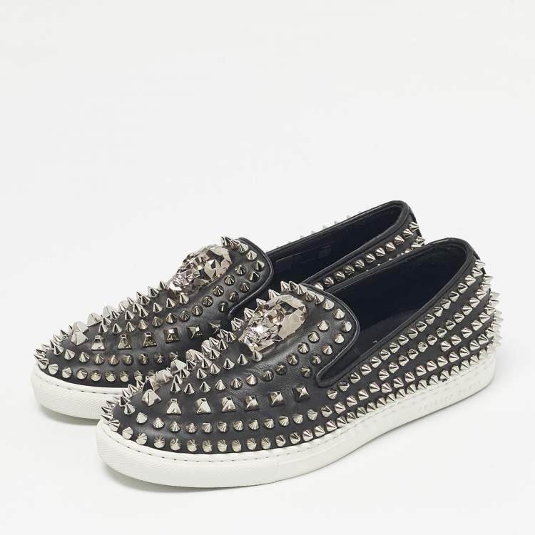 Pre Owned Philipp Plein Black Leather Studded Skull Slip On  Sneakers Size 37
