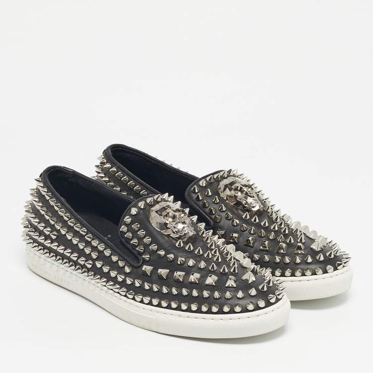 Pre Owned Philipp Plein Black Leather Studded Skull Slip On  Sneakers Size 37