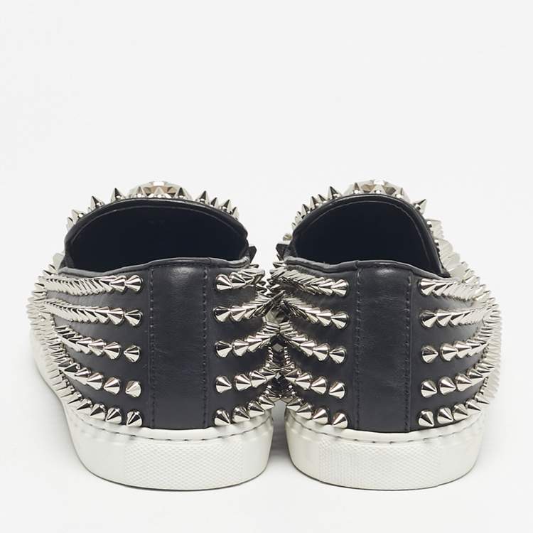 Pre Owned Philipp Plein Black Leather Studded Skull Slip On  Sneakers Size 37