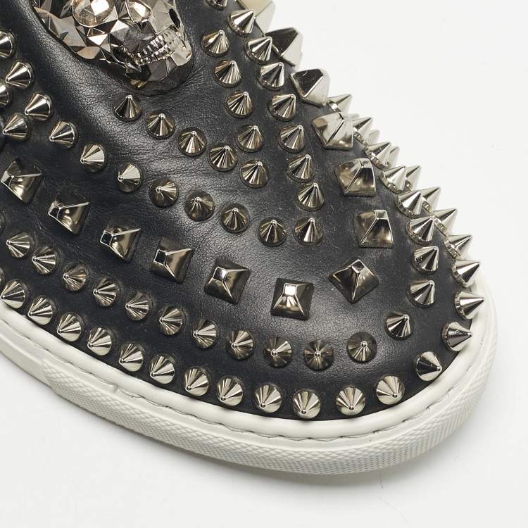 Pre Owned Philipp Plein Black Leather Studded Skull Slip On  Sneakers Size 37