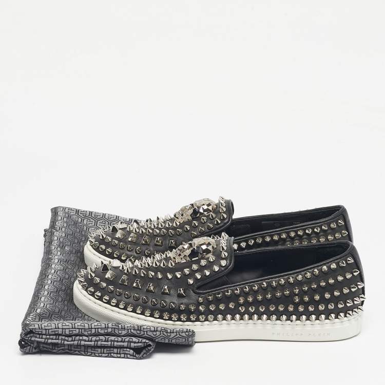 Pre Owned Philipp Plein Black Leather Studded Skull Slip On  Sneakers Size 37