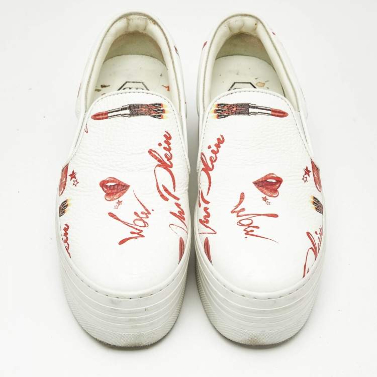 Pre Owned Philipp Plein White Leather Slip On Platform Sneakers Size 37