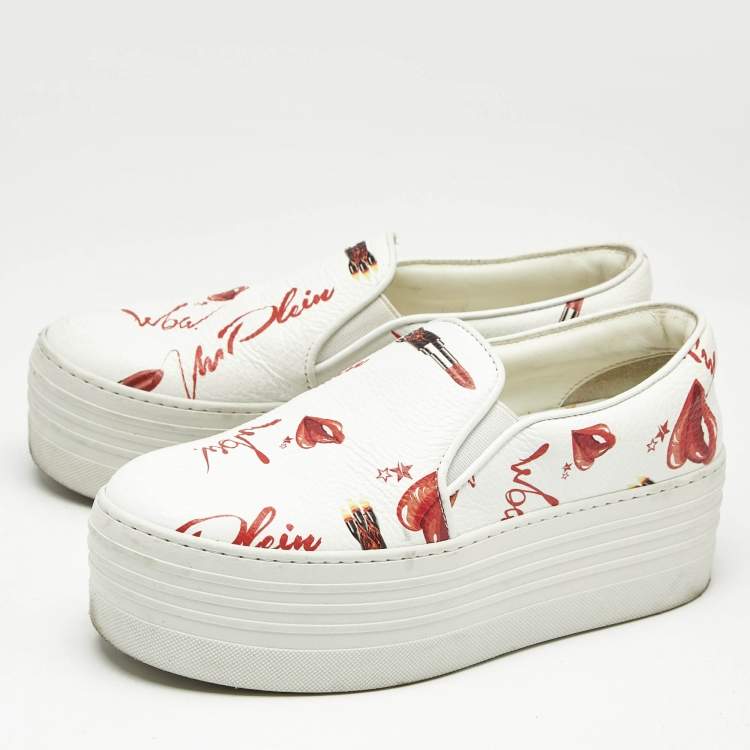 Pre Owned Philipp Plein White Leather Slip On Platform Sneakers Size 37