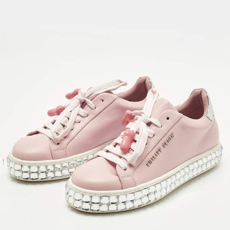 Pre Owned Philipp Plein Pink/Silver Leather and Patent Leather Crystal Platform Lace Up Sneakers Size 36