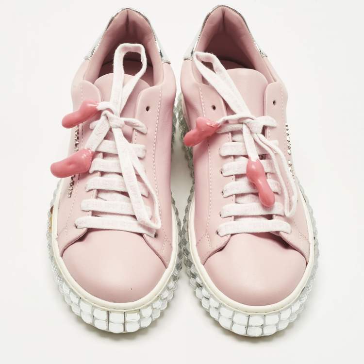 Pre Owned Philipp Plein Pink/Silver Leather and Patent Leather Crystal Platform Lace Up Sneakers Size 36