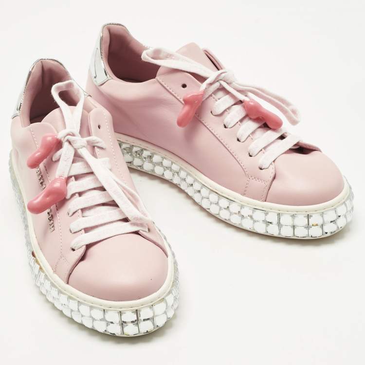 Pre Owned Philipp Plein Pink/Silver Leather and Patent Leather Crystal Platform Lace Up Sneakers Size 36