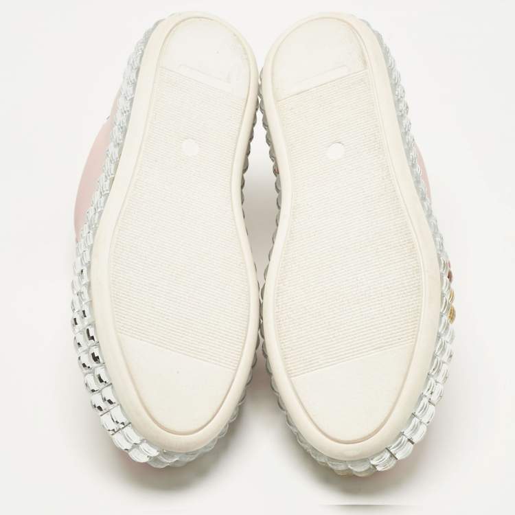 Pre Owned Philipp Plein Pink/Silver Leather and Patent Leather Crystal Platform Lace Up Sneakers Size 36