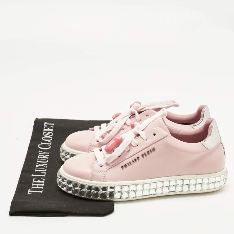 Pre Owned Philipp Plein Pink/Silver Leather and Patent Leather Crystal Platform Lace Up Sneakers Size 36