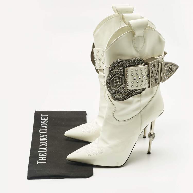 Pre Owned Philipp Plein White Patent Leather Crystal Embellished Cow Boots Size 38.5