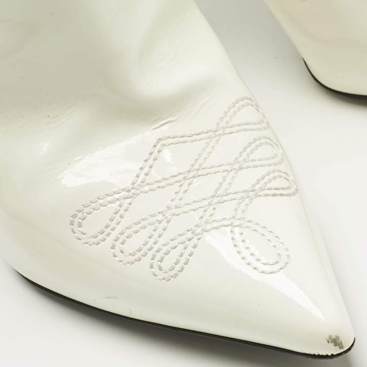 Pre Owned Philipp Plein White Patent Leather Crystal Embellished Cow Boots Size 38.5