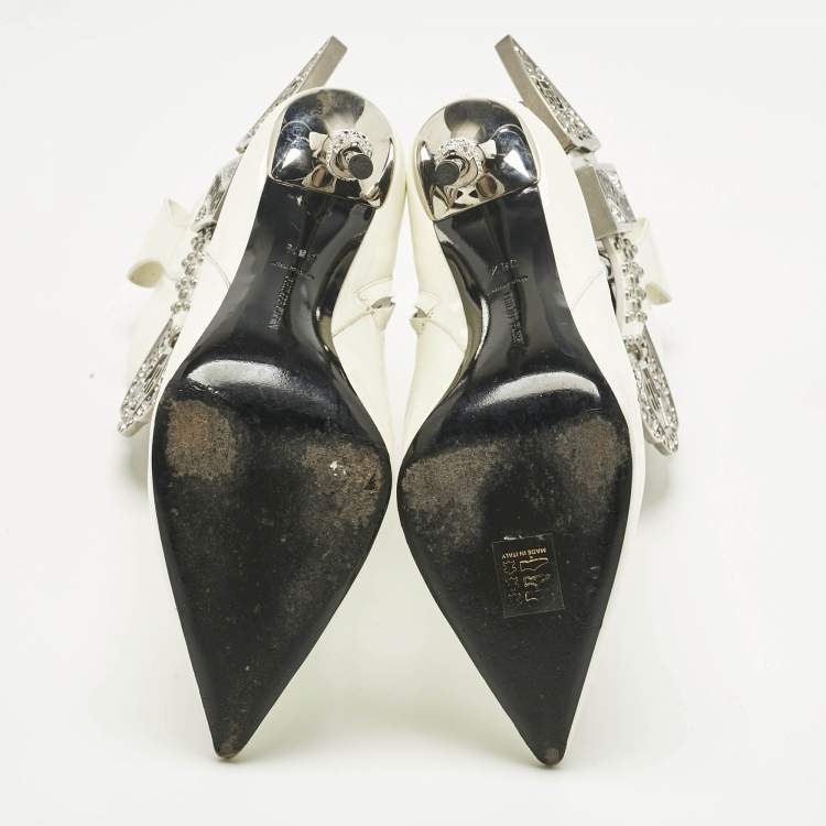 Pre Owned Philipp Plein White Patent Leather Crystal Embellished Cow Boots Size 38.5