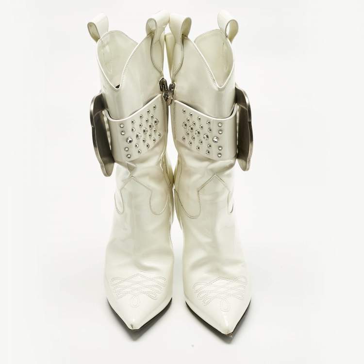 Pre Owned Philipp Plein White Patent Leather Crystal Embellished Cow Boots Size 38.5
