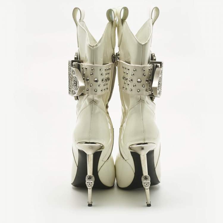 Pre Owned Philipp Plein White Patent Leather Crystal Embellished Cow Boots Size 38.5