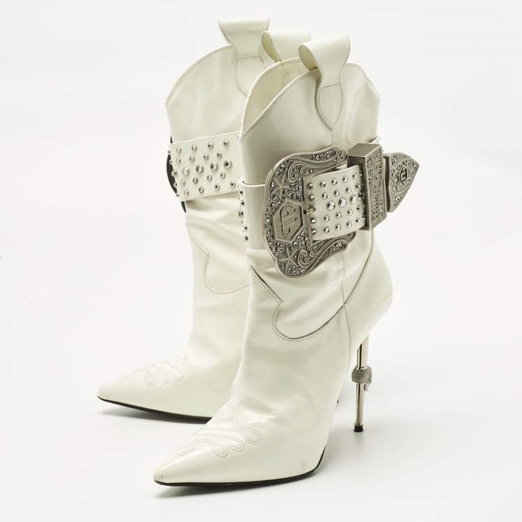 Pre Owned Philipp Plein White Patent Leather Crystal Embellished Cow Boots Size 38.5