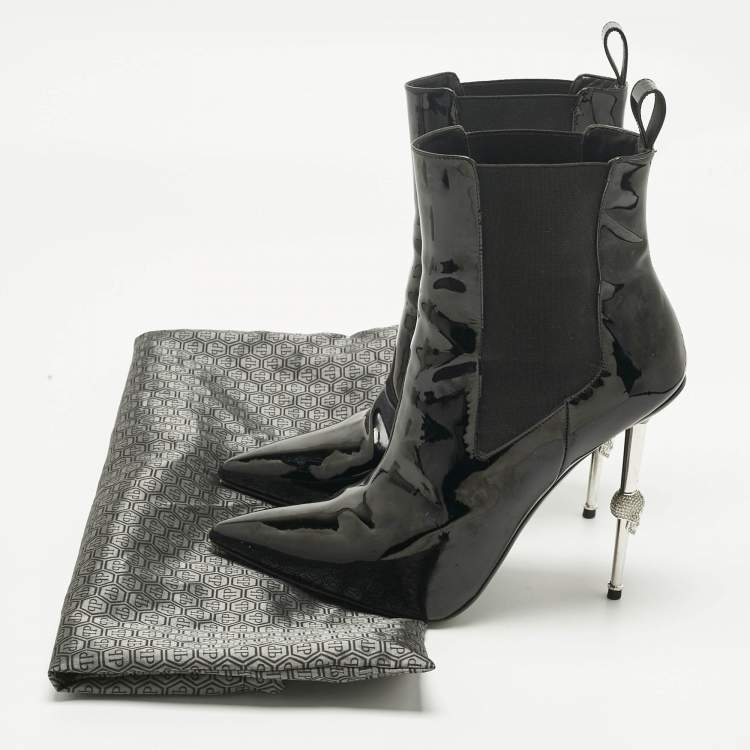 Pre Owned Philipp Plein Black Patent Leather Skull Ankle Length Boots Size 39