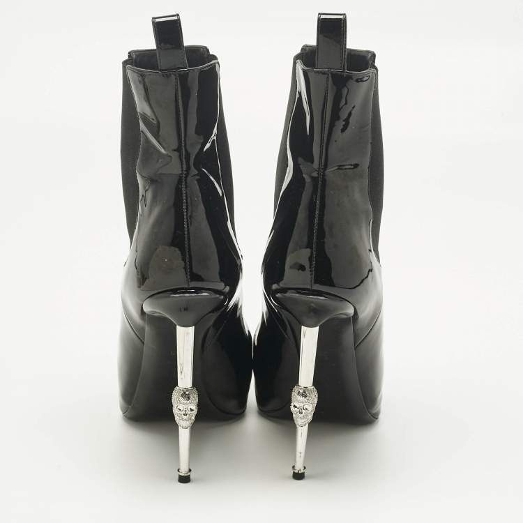 Pre Owned Philipp Plein Black Patent Leather Skull Ankle Length Boots Size 39
