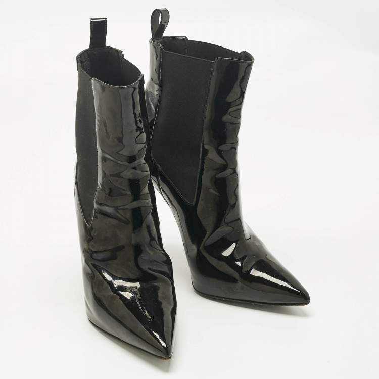 Pre Owned Philipp Plein Black Patent Leather Skull Ankle Length Boots Size 39