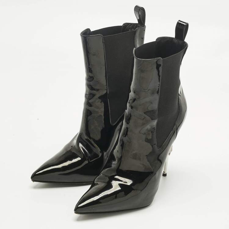 Pre Owned Philipp Plein Black Patent Leather Skull Ankle Length Boots Size 39
