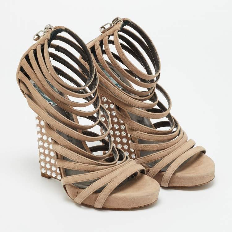 مملوكة مسبقًا Philipp Plein Size 37.5 Beige Suede Wedge Sandals