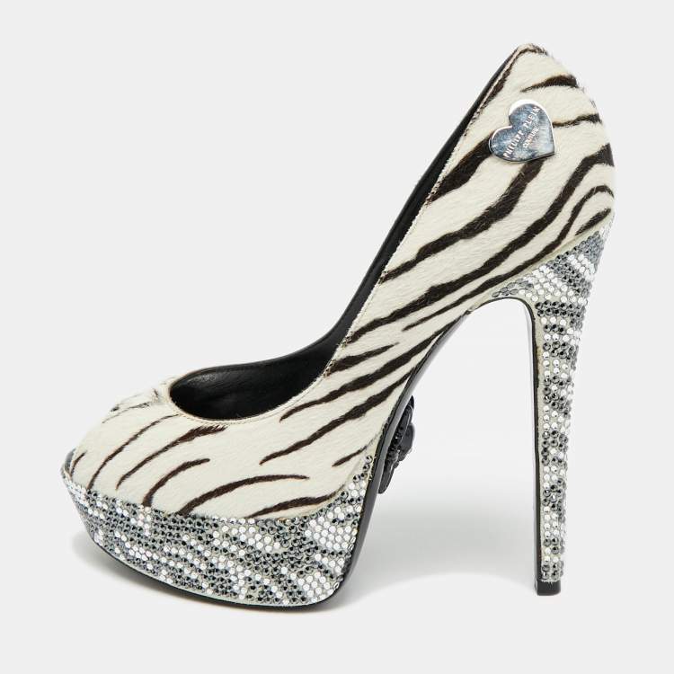 Pre Owned Philipp Plein Size 36 White/Black Animal Print Calf Hair Crystal Embellished Platform Peep Toe Pumps
