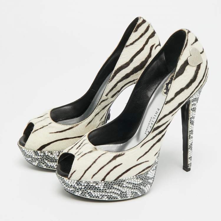 Pre Owned Philipp Plein Size 36 White/Black Animal Print Calf Hair Crystal Embellished Platform Peep Toe Pumps