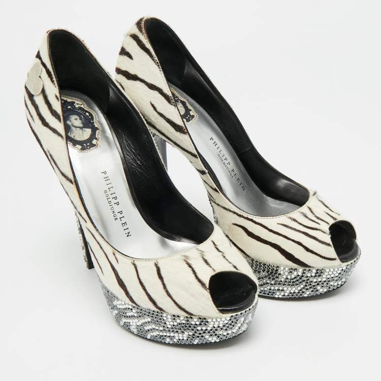 Pre Owned Philipp Plein Size 36 White/Black Animal Print Calf Hair Crystal Embellished Platform Peep Toe Pumps