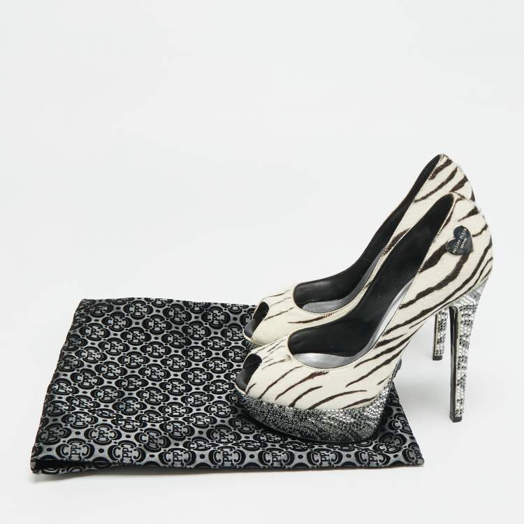 Pre Owned Philipp Plein Size 36 White/Black Animal Print Calf Hair Crystal Embellished Platform Peep Toe Pumps