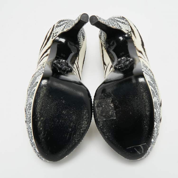 Pre Owned Philipp Plein Size 36 White/Black Animal Print Calf Hair Crystal Embellished Platform Peep Toe Pumps