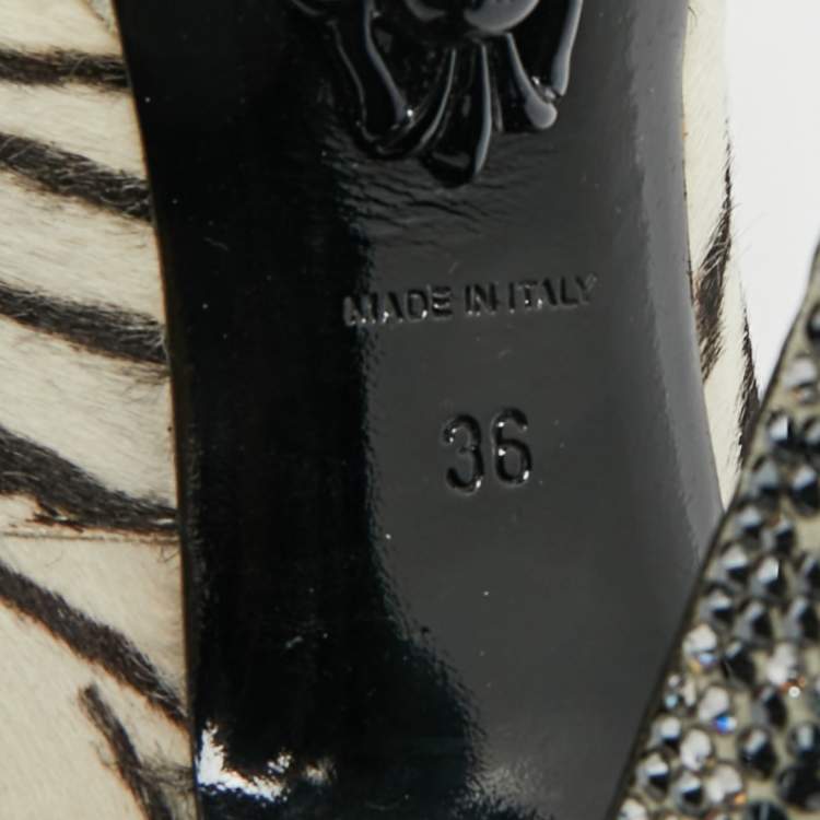 Pre Owned Philipp Plein Size 36 White/Black Animal Print Calf Hair Crystal Embellished Platform Peep Toe Pumps