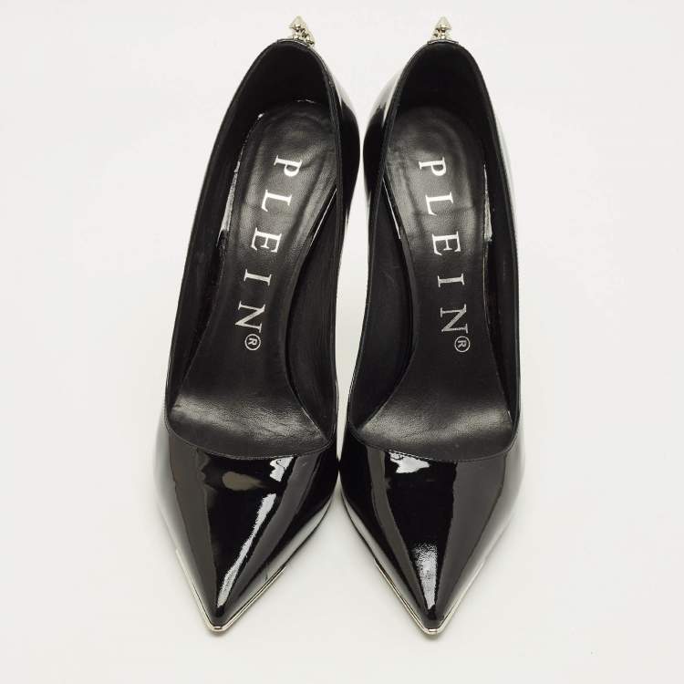 Pre Owned Philipp Plein Skull Heel Size 39 Black Patent Leather Studded Pointed Toe Pumps