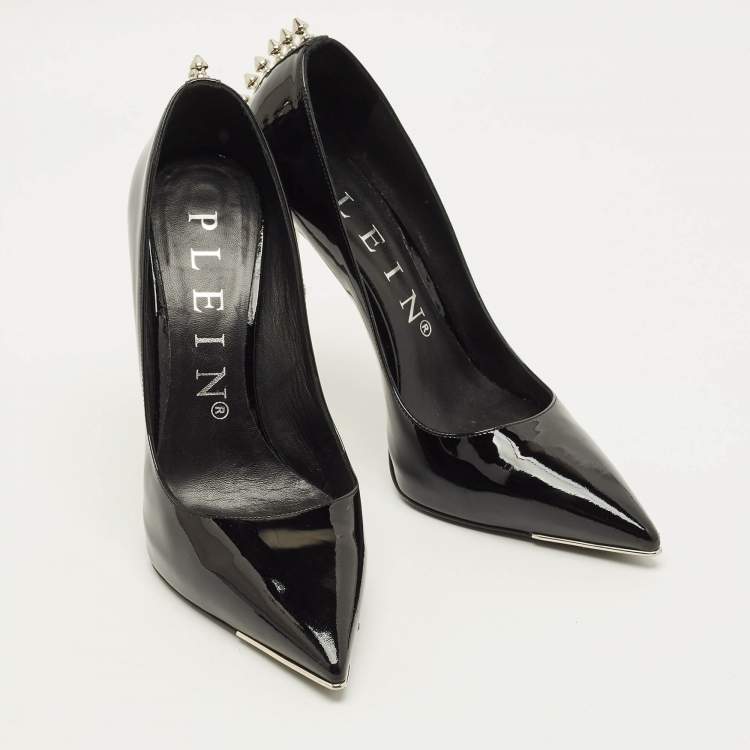 Pre Owned Philipp Plein Skull Heel Size 39 Black Patent Leather Studded Pointed Toe Pumps