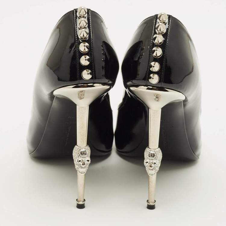 Pre Owned Philipp Plein Skull Heel Size 39 Black Patent Leather Studded Pointed Toe Pumps
