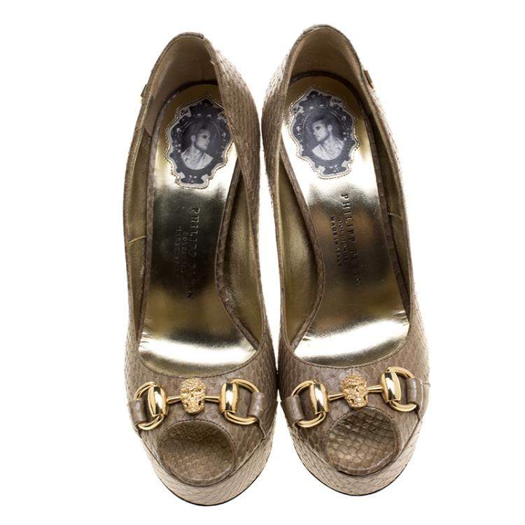 Pre Owned Philipp Plein Beige Snakeskin Peep Toe Platform Pumps Size 36
