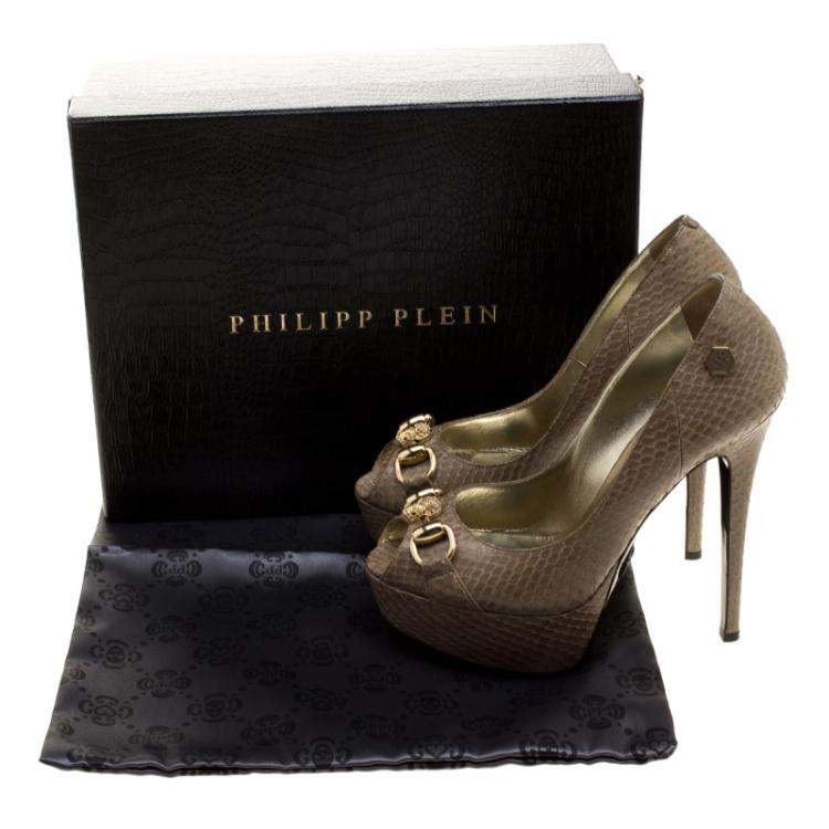 Pre Owned Philipp Plein Beige Snakeskin Peep Toe Platform Pumps Size 36