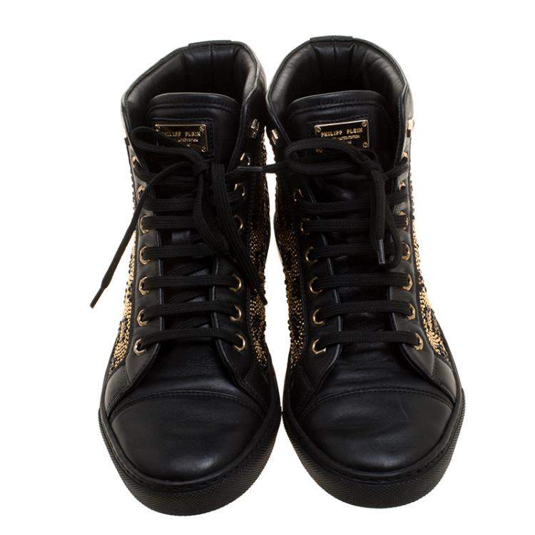 مملوكة مسبقًا Philipp Plein Black Leather Crystal Studded High Top Sneakers Size 38