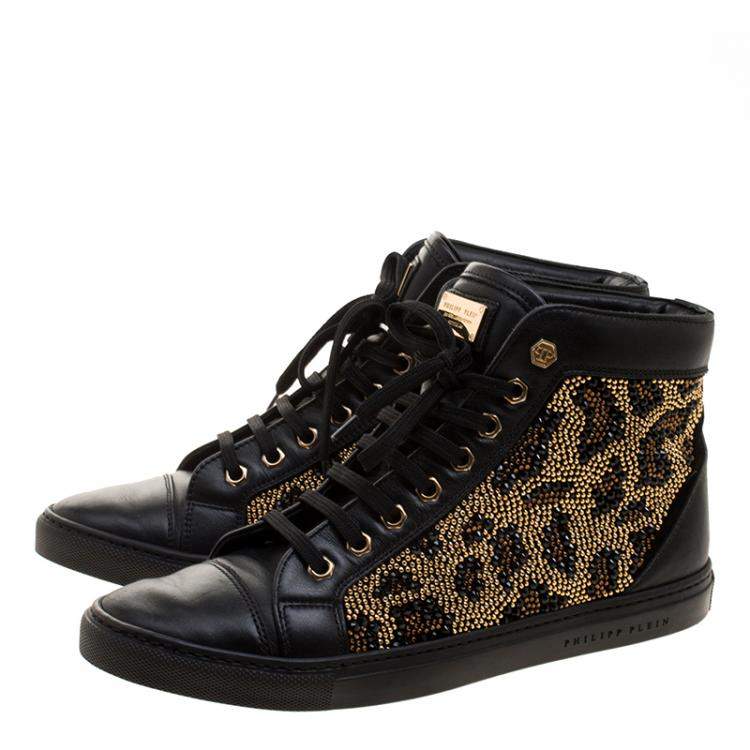 مملوكة مسبقًا Philipp Plein Black Leather Crystal Studded High Top Sneakers Size 38