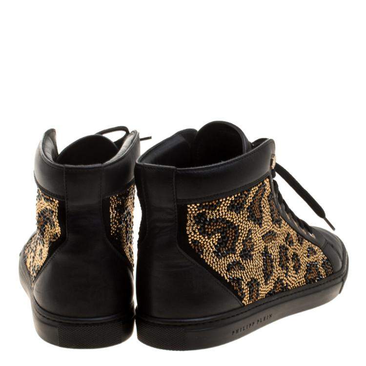 مملوكة مسبقًا Philipp Plein Black Leather Crystal Studded High Top Sneakers Size 38