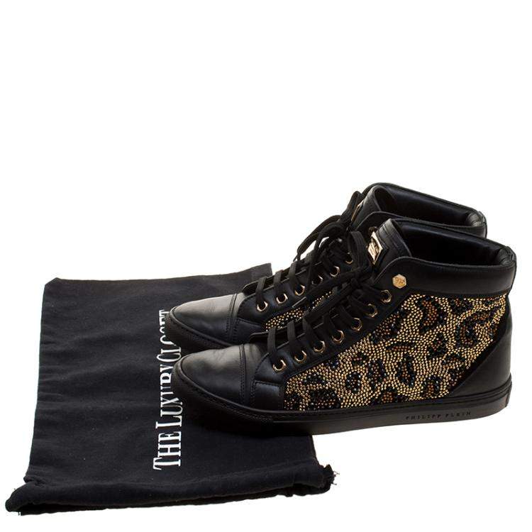 مملوكة مسبقًا Philipp Plein Black Leather Crystal Studded High Top Sneakers Size 38