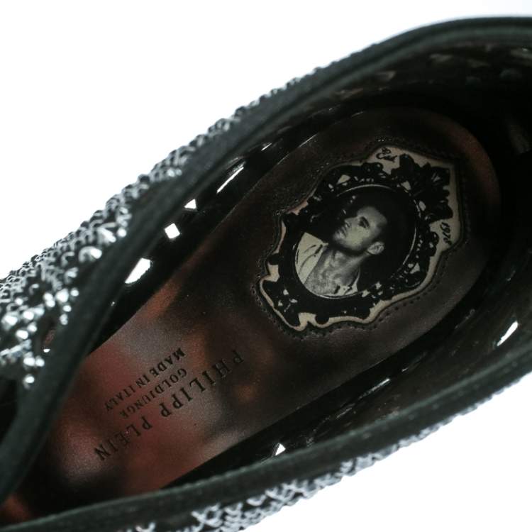Pre Owned Philipp Plein Black Crystal Embellished Leather Cut Out Open Toe Booties Size 41