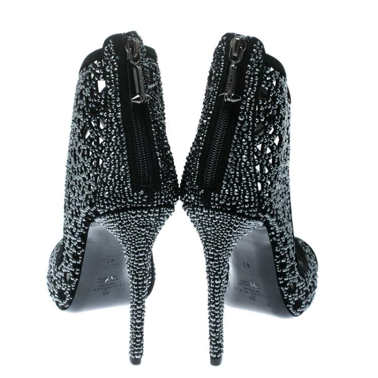 Pre Owned Philipp Plein Black Crystal Embellished Leather Cut Out Open Toe Booties Size 41
