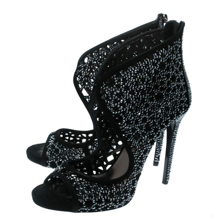 Pre Owned Philipp Plein Black Crystal Embellished Leather Cut Out Open Toe Booties Size 41