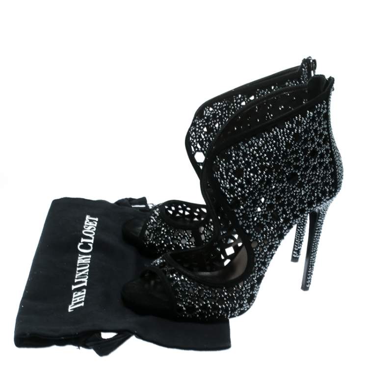 Pre Owned Philipp Plein Black Crystal Embellished Leather Cut Out Open Toe Booties Size 41