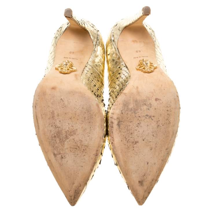 Pre Owned Philipp Plein Metallic Gold Python Studded Pointed Toe Pumps Size 40