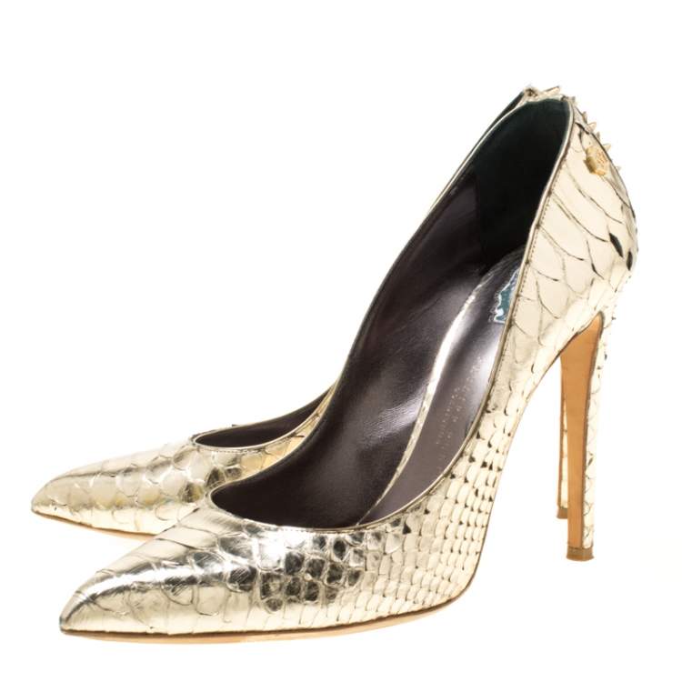 Pre Owned Philipp Plein Metallic Gold Python Studded Pointed Toe Pumps Size 40
